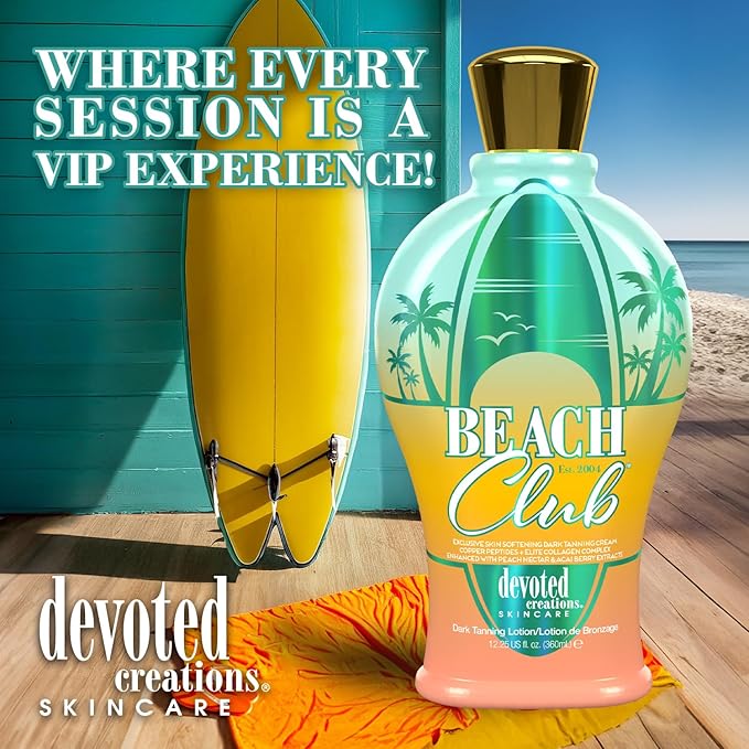 Devoted Creations Beach Club - Exclusive Skin Softening Copper Peptides + Elite Collagen Banking Complex with Peach Nectar & Acai Berry Extracts Indoor/Outdoor Dark Tanning Lotion