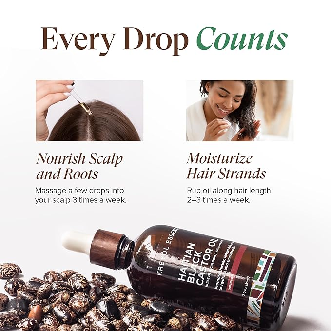 Kreyol Essence - 2 Oz Original Haitian Black Castor Oil, Glass Bottle - Thicker Brows & Longer Eyelashes, Paraben Free, Natural Ingredients