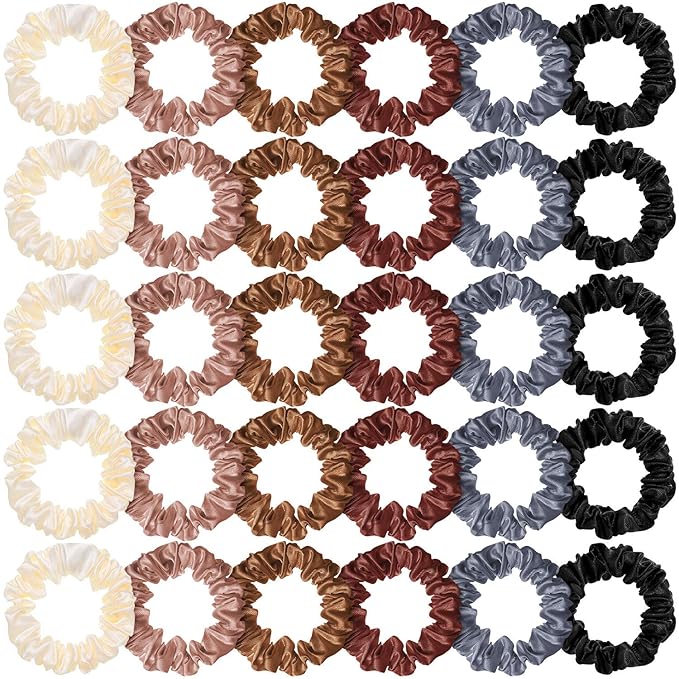 WILLBOND 30 Pcs Small Satin Silk Scrunchies Bulk for Women, Thin Hair Ties Mini Scrunchy Bands Skinny Ponytail Holders for Thick Curly Hair Pony Tails Wrist Decor(Colorful)