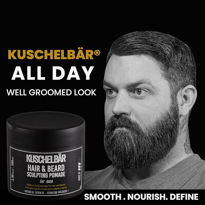 KUSCHELBAR - Pomade For Men | Pomade For Men Strong Hold | Natural Botanical Extracts | Shape and Control Your Beard or Mustache | Leave-In, Non-Greasy, Lightweight l 1,01 fl.oz