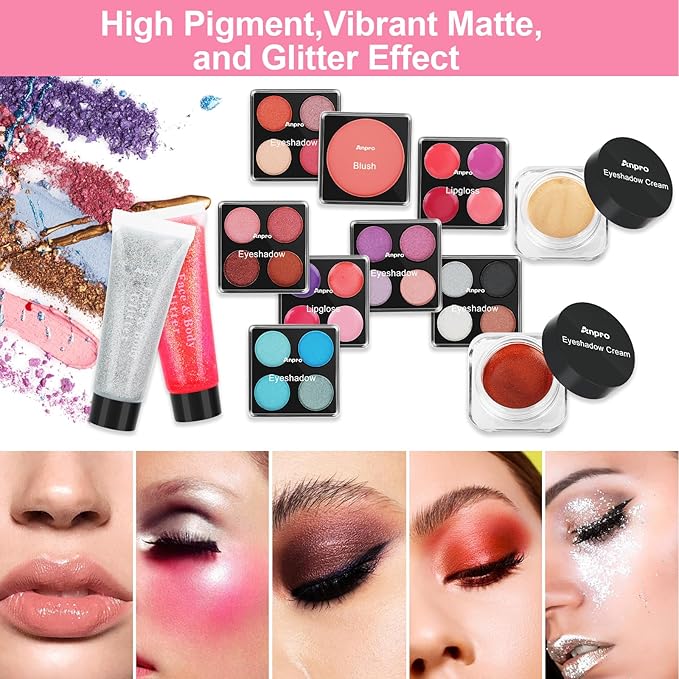 Anpro All-In-One Makeup Kit for Girls 10-12 with Case, Pro Teen Makeup Set, Tween Makeup Kit for Teens Women, Full Starter Make Up Kit with Brushes, Lipstick, Eye Shadows Palette, Blushes, Glitter Gel