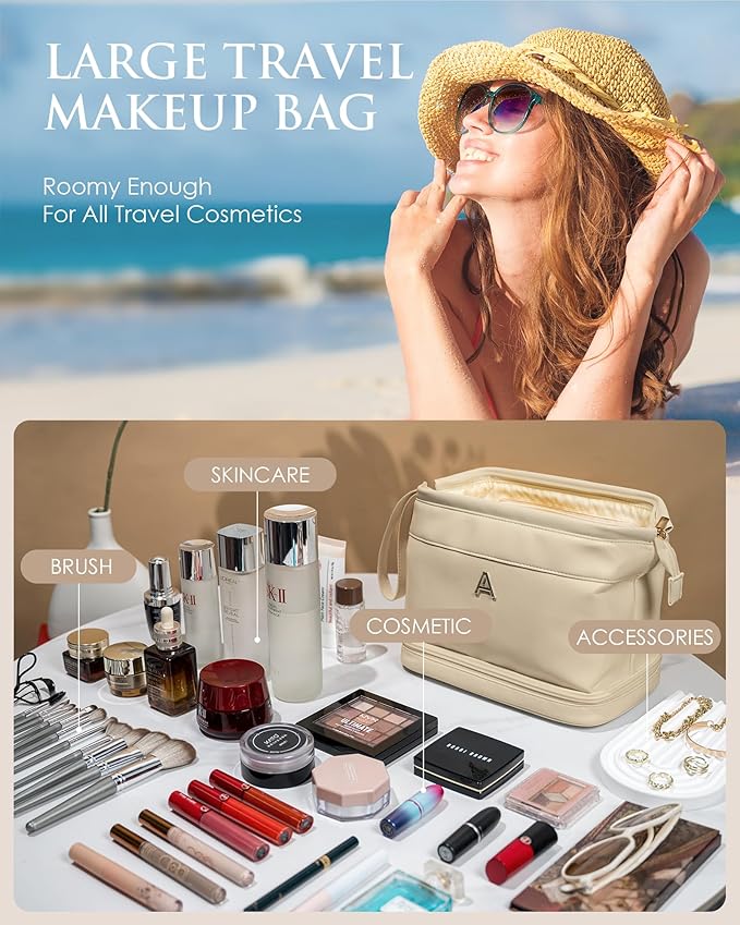 Birthday Gifts for Women, Initial Large Makeup Bag, Personalized Double Layer Cosmetic Bag with Makeup Brush Organizer, Waterproof, PU Leather Travel Toiletry Bag,Bride Gift Monogrammed Gifts