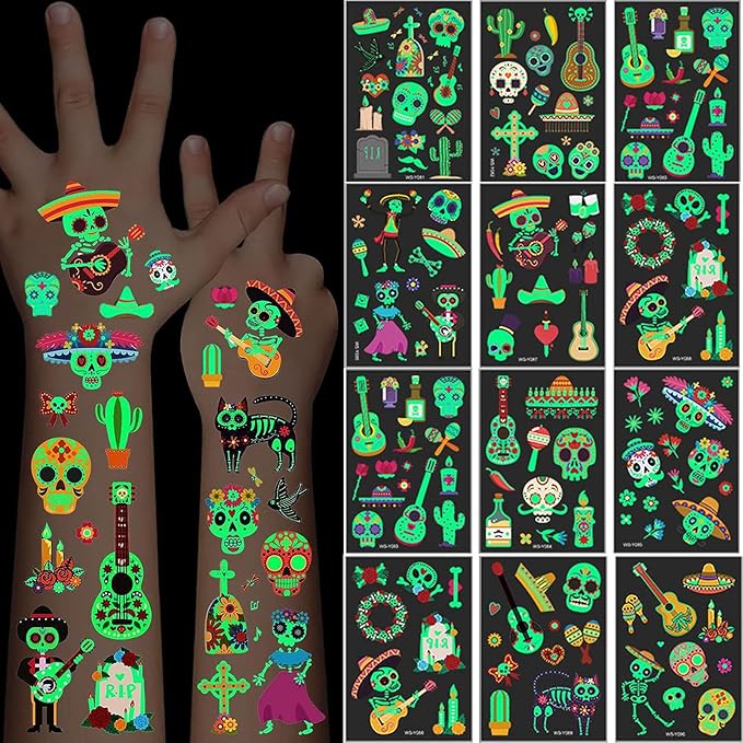 Day of the Dead Luminous Halloween Temporary Tattoo, 125PCS Waterproof Fake Face Tattoos, Body Stickers Decorations Glow in the Dark, Makeup Party Favors Supplies Decor