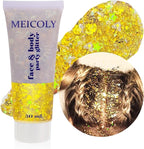 MEICOLY Gold Body Glitter,Yellow Face Glitter,Music Festival Outfits for Women,Hair Glitter Kids Halloween Makeup,Sparkle Face Body Glitter for Country Singer Concert,Mardi Gras Accessories