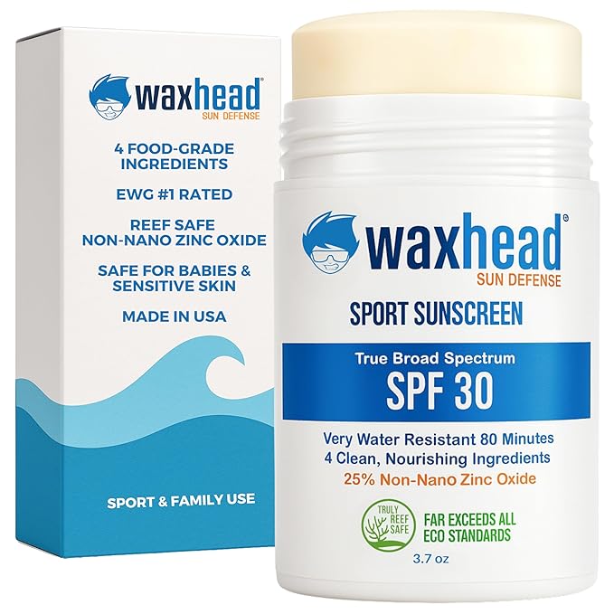 Waxhead Zinc Oxide Sunscreen Stick SPF 30, 4-Ingredient Mineral Sunscreen for Face & Body, EWG 1, Reef Safe Non-Nano, Baby & Kids Sensitive Skin, Water Resistant Sport Tattoo Sunblock, 3.7 oz