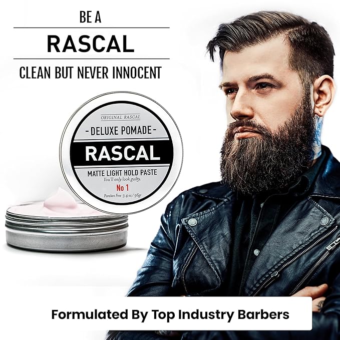 Original Rascal Deluxe Pomade for Men #1 - Matte Hair Paste with Light Hold & Shine - Men's Styling Dry Care Solution Product for All Hair Types - Natural Infused with Beeswax & Grapeseed Oil - 3.4 oz