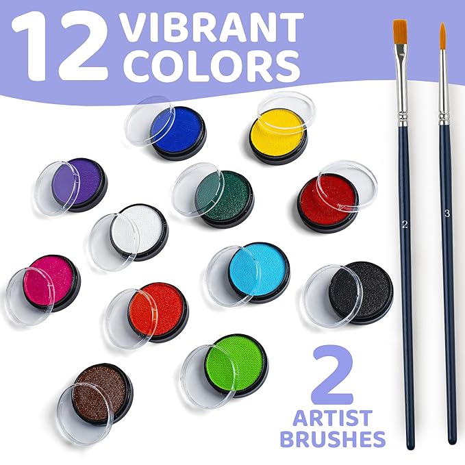 Blue Squid PRO Professional Face Painting Kit - 12 Color Palette with 2 Brushes, Face & Body Paint Kits for Adults & Kids - Safe & Washable SFX Makeup for Parties & Halloween Makeup