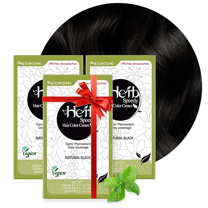 Dongsung Herb Speedy Color Cream 3 Pack, PPD Free, Ammonia Free, Vegan Hair Dye Contains Sun Protection Odorless No more Eye and/or Scalp Irritations From Coloring For Sensitive Scalp (Natural Black)