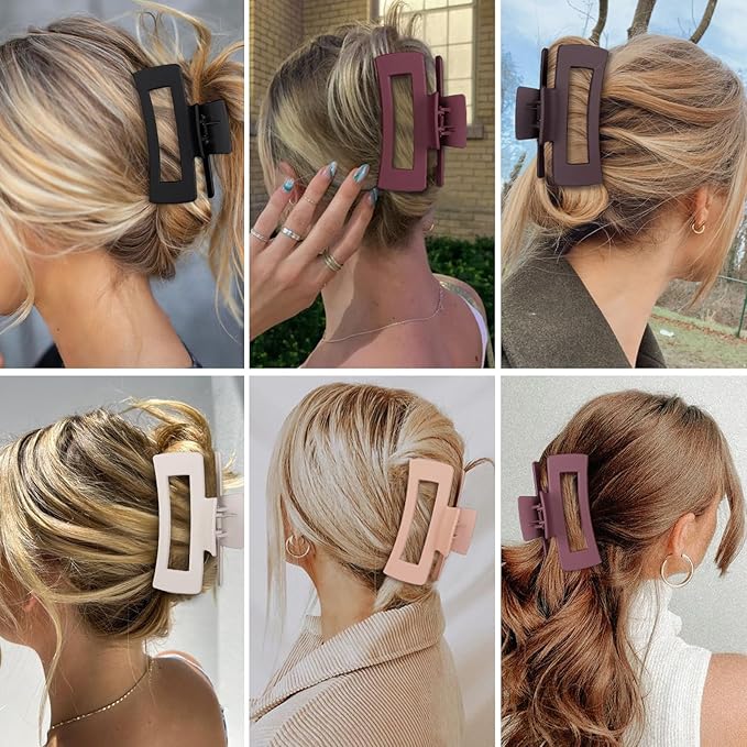 4 Inch Big Hair Claw Clips 6 Pcs Large Claw for Thick Hair Square Hair Clips for Women Rectangle Hair Clips Nonslip Acrylic Banana Jaw Clips Hair Accessories for Girls (Brown Scarlet)