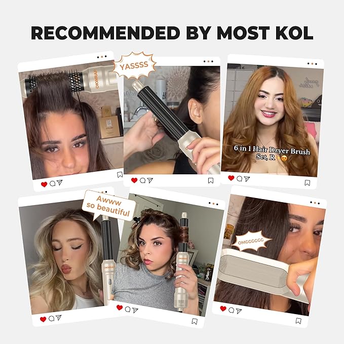 6 in 1 Blow Dryer Brush, Upgrade Hair Dryer Brush Set Negative Ion Air Styler Curling Wrap Air Curler, Hot Air Brush Curling Iron Hair Styling Tools As A Gift for Straight/Curl/Dry/Smooth