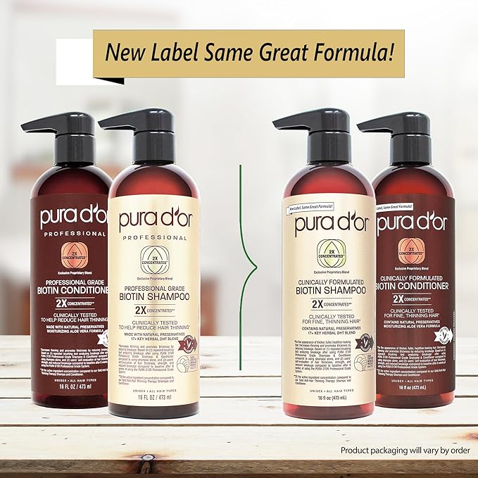 PURA D'OR Clinically Formulated Biotin Shampoo & Conditioner For Hair Thinning - 2X Concentrated Proprietary Herbal Blend Thickening Products For Women & Men, Sulfate Free, 16oz x2