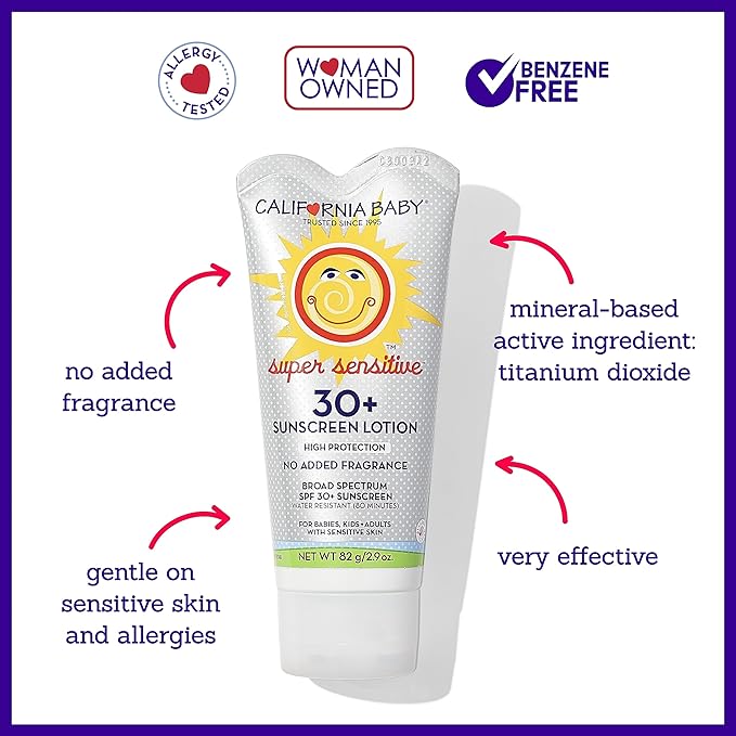 California Baby Super Sensitive SPF 30+ Sunscreen | Unscented | Mineral Based | Titanium Dioxide | Travel Size Baby Sunscreen for Face + Body | 2.9oz