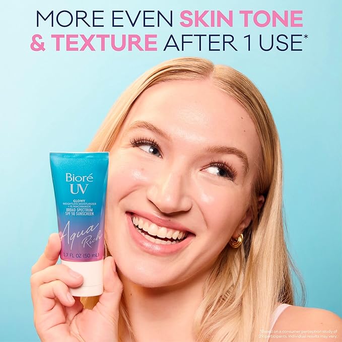 Bioré UV Aqua Rich Glow Enhancing Moisturizer with SPF, Daily Moisturizer with SPF 50, 1% Niacinamide Facial Sunscreen, 1.7 Oz