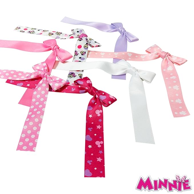 Disney Minnie Printed Long Tail Hair Bow Set for Girls – 7-Pack Printed Bows with Alligator Clips – Cute Hair Accessories for Kids Ages 3+