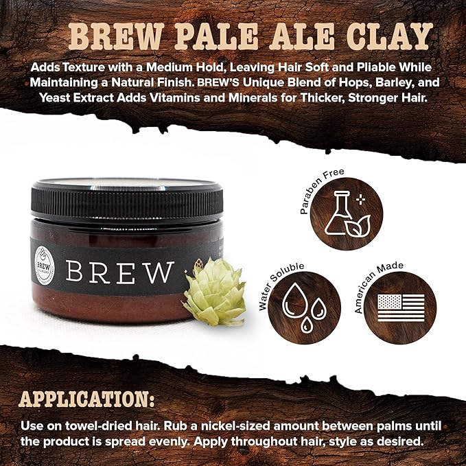 Brew Grooming Hair Styling Clay for Men - Matte Strong Hold Molding Pomade for Beard and Hair - Natural Ingredients Barley, Hops, Yeast - Paraben Free - Water Based for Smooth Finish 4 oz