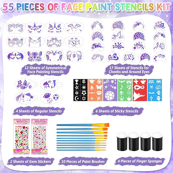 55PCS Face Paint Stencils Kit Includes 33 Reusable Facial Painting Stencils, 6 Sheets Tattoo Templates Stickers, 10 Brushes, 2 Pack Adhesive Gems, 4 Sponge for Halloween Festival Party Makeup
