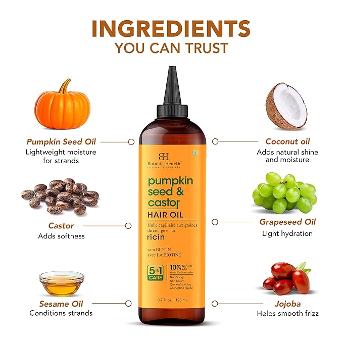 Botanic Hearth Hair Oil for Hair Growth | Strengthening Dry, Frizzy, Damaged Hair & Scalp Treatment | No Parabens or Harmful Sulfates | All Hair Types | Pumpkin & Castor Hair Oil - 6.7 Fl Oz