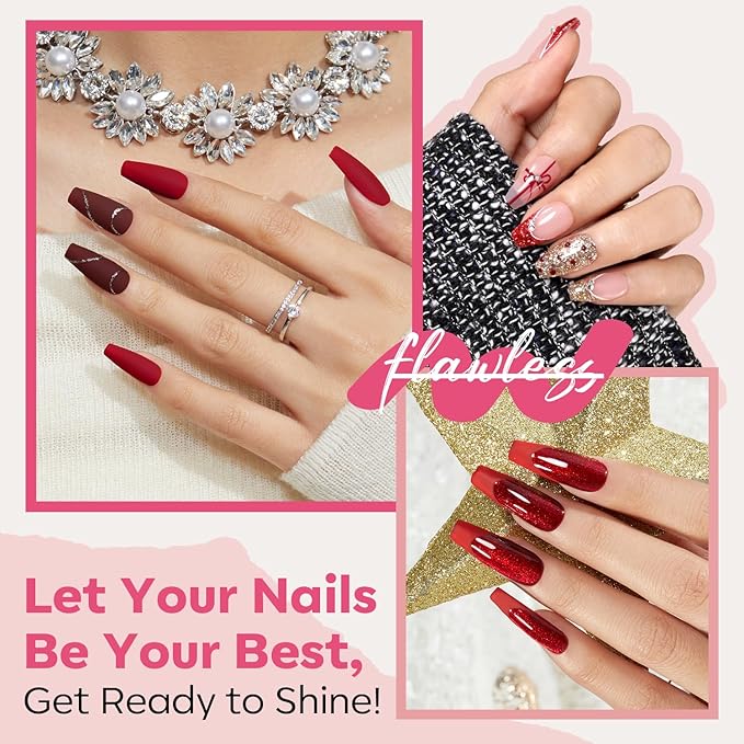 modelones Red Nail Polish Set 6 Colors, Brwon Nude Burgundy Gold Glitter New Year Quick Dry Sparkle Mini Manicure Kit DIY Nail Art Salon Home Gifts for Women Girls