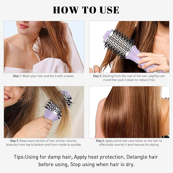 Blow Dryer Brush, Hair Dryer Brush in One, 600W Oval Hot Air Volumizer & Straightener, Anti-Frizz Blowout Styling Brush, Dual Voltage 110–240V Travel (2 Inch) Purple