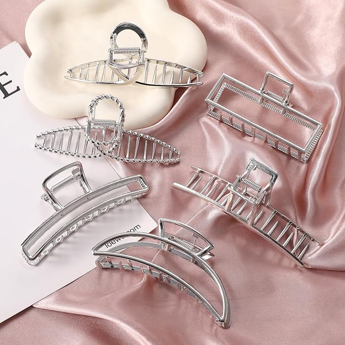 LUKACY 6 Pack Large Metal Hair Claw Clips - 4 Inch, Perfect Big silver claw clips hair clips for Women and Thinner, Thick hair styling,Strong Hold, Fashion Hair Accessories (Style 1 Silver)