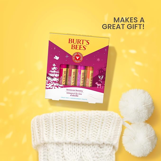 Burt's Bees Christmas Gifts, 4 Lip Balms Stocking Stuffers Products, Beeswax Bounty Fruit Mix - Watermelon, Pomegranate, Dragonfruit Lemon & Sweet Peach (4-Pack)