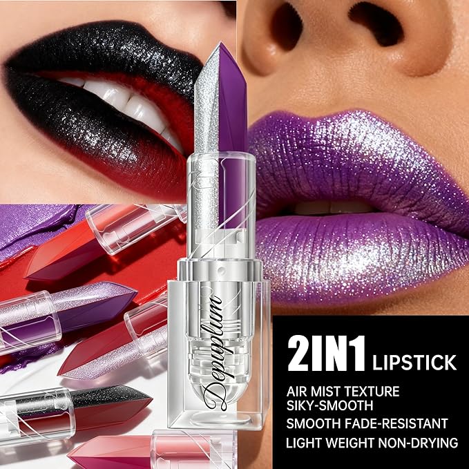 2 in 1 Matte Purple Lipstick Glitter Silver Lipstick Dual Sided Waterproof Lipsticks for Women One Stroke Two-Tone Long Lasting Lip Stick for Christmas Halloween, DU-M8