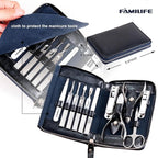 Manicure Kit, FAMILIFE Professional Manicure Set Nail Kit, 11 in 1 Stainless Steel Nail Clippers Set for Men Pedicure Tool, Men Grooming Tool with Portable Blue Leather Travel Case Luxury Gifts
