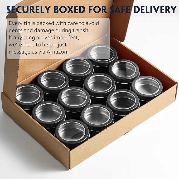 24 Pack 2 Ounce Screw Top Aluminum Tin Jar with Screw Clear Lid and Blank Labels, Refillable 60ml Metal Containers for Lip Balms, Candles, Salves, Spices, Crafts (Black)