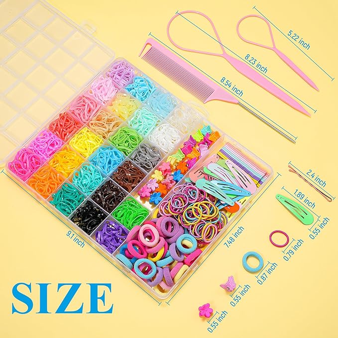 TsMADDTs Elastic Hair Ties, Colorful Hair Accessories for Baby Toddlers Kids Girls, 26 Colors Small Rubber Bands Set with Ties and Clips, Styling Tools