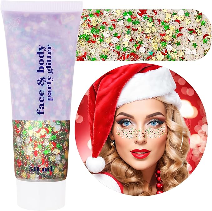 Christmas Face Hair Glitter Gel,Green Red Silver Body Glitter Gel,Stocking Stuffers Gift Kids Self-Adhesive Sequins Glitter,Sparkling Christmas Makeup for Women Girls,50ML