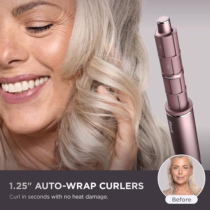 Shark FlexFusion Hair Straightener & Powerful Dryer with Diffuser, Fusion Hair Brush, Ceramic Air Styler with Auto-Wrap Curlers, Ceramic Plates, Cosmic Blush HD642S