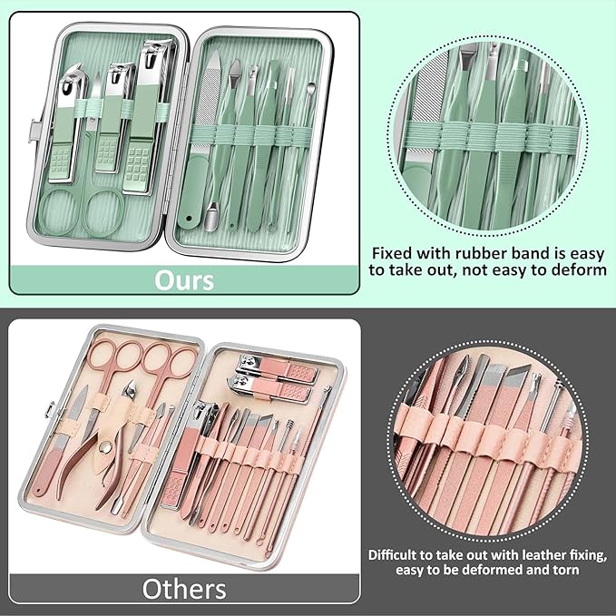 BLESWIN 10-Piece Nail Clipper Manicure Set, Professional Small Nail Care Kit , Nail Clipper Set for Women Men, Ladies Compact Manicure Tools in Case Green Leather Nail Care Gift Set.