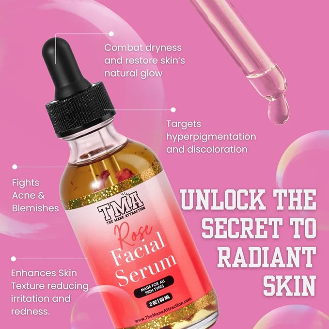 The Mane Attraction Rose Facial Serum – 2oz | Hydrating Rosehip Oil for Face | Brightening Oil for Dry Skin, Hyperpigmentation, Acne & Sensitive Skin | Plant-Based, Fragrance-Free