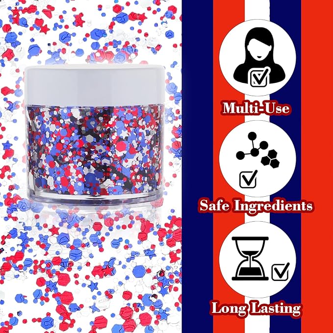 Red White Blue Patriotic Face Glitter & USA Star Headband Set,4th of July Hair Glitter Accessories,Blue Body Glitter Makeup,Fourth of July Outfits for Women Girls Kids