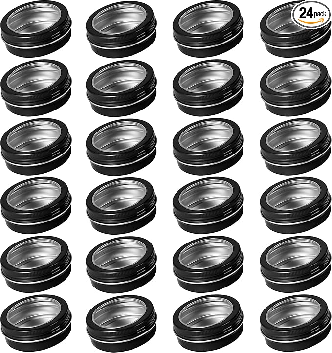 24 Pack 2 Ounce Screw Top Aluminum Tin Jar with Screw Clear Lid and Blank Labels, Refillable 60ml Metal Containers for Lip Balms, Candles, Salves, Spices, Crafts (Black)