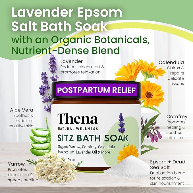 Best Organic Sitz Bath Soak Postpartum Care & Post Partum Essentials, Natural Hemorrhoid Treatment for Women & Moms with Epsom Dead Sea Salt Witch Hazel, Sitz Bath for Toilet, Thena