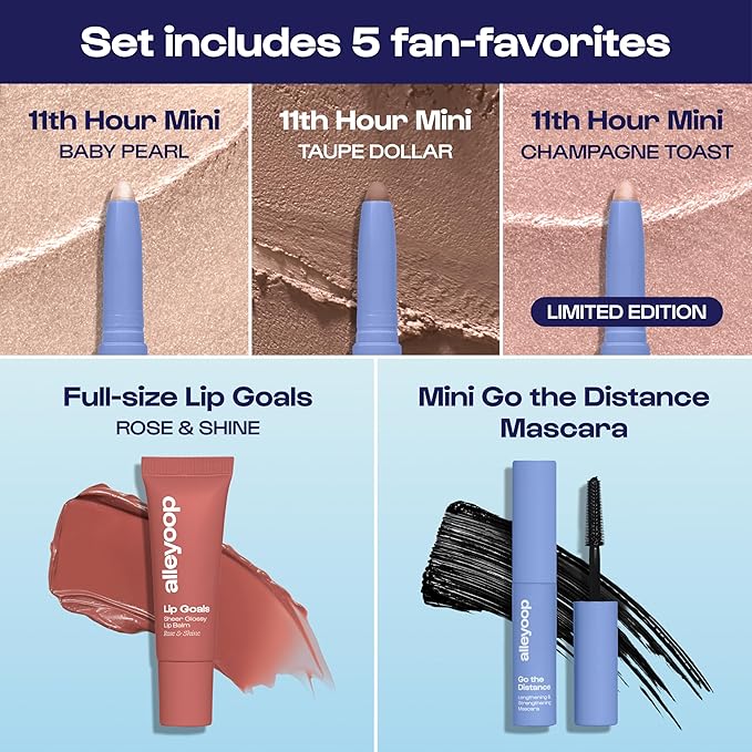 ALLEYOOP Everyday 5-Piece Essentials Kit - Makeup Set Includes 11th Hour Mini Eyeshadow Stick, Lip Goals Glossy Lip Balm & Mini Go To The Distance Mascara - Vegan & Cruelty-Free