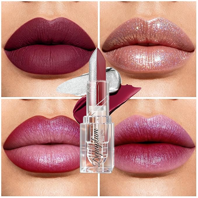 2 in 1 Dark Red Matte Lipstick Glitter Silver Lipstick Dual Sided Waterproof Lipsticks for Women One Stroke Two-Tone Long Lasting Lip Stick for Christmas Halloween,DU-Q9