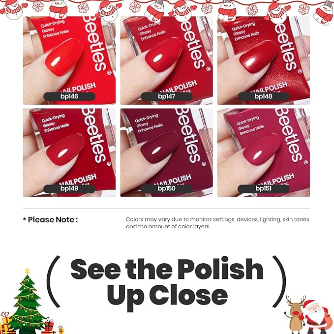 Beetles Red Nail Polish Set Blazing Rose, 6 Colors Dark Red Burgundy Nail Polish Glossy Enhance Nails Quick Dry Fingernail Polish for Nail Art Manicure DIY at Home Christmas Gifts For Women