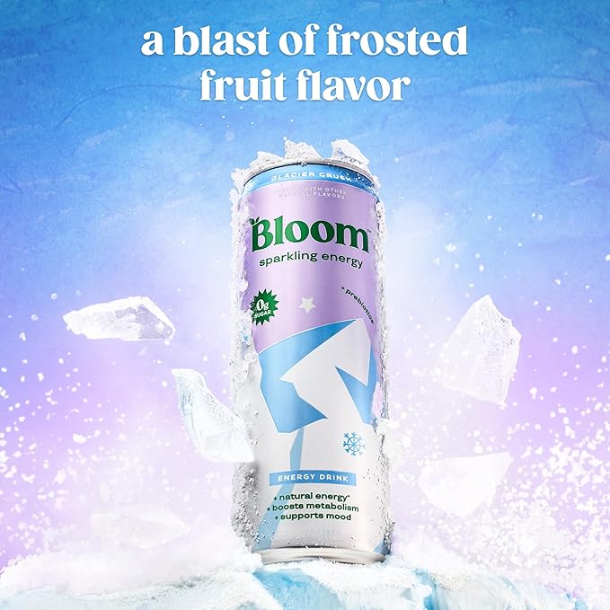 Bloom Nutrition Sparkling Energy Drink - Natural Caffeine, Zero Sugar, 180mg Caffeine - Antioxidant-Rich with Green Coffee Bean, Green Tea Extract, Prebiotics - Glacier Crush - 12oz 12 Pack