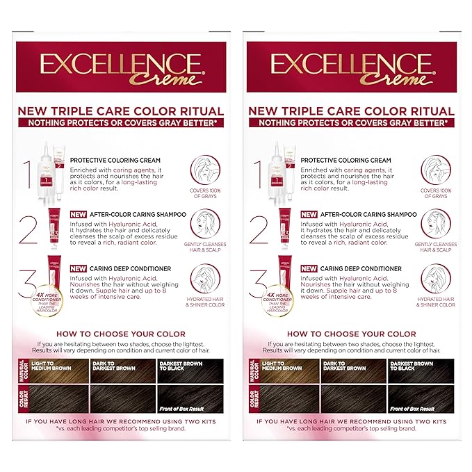 L'Oreal Paris Excellence Crème Permanent Hair Dye, Triple Care Hair Color with Pro-Keratine Complex for 100% Gray Hair Coverage, 3 Natural Black, 1 Kit (Pack of 2)