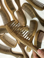 Green Sandalwood Wide Tooth Hair Comb with Handle - Detangling Brush for Curly/Coily Hair, Split Ends Repair & Gentle Scalp Care (Anti-Static Wooden Design)