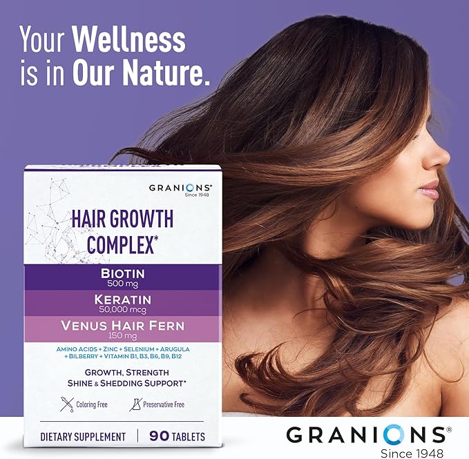 Granions Hair Growth Supplements - Biotin, Keratin & Amino Acids, Zinc & Selenium Pills for Women and Men - B-Vitamins Complex Hair Vitamins for Strength, Shine & Less Shedding - 90 Tablets