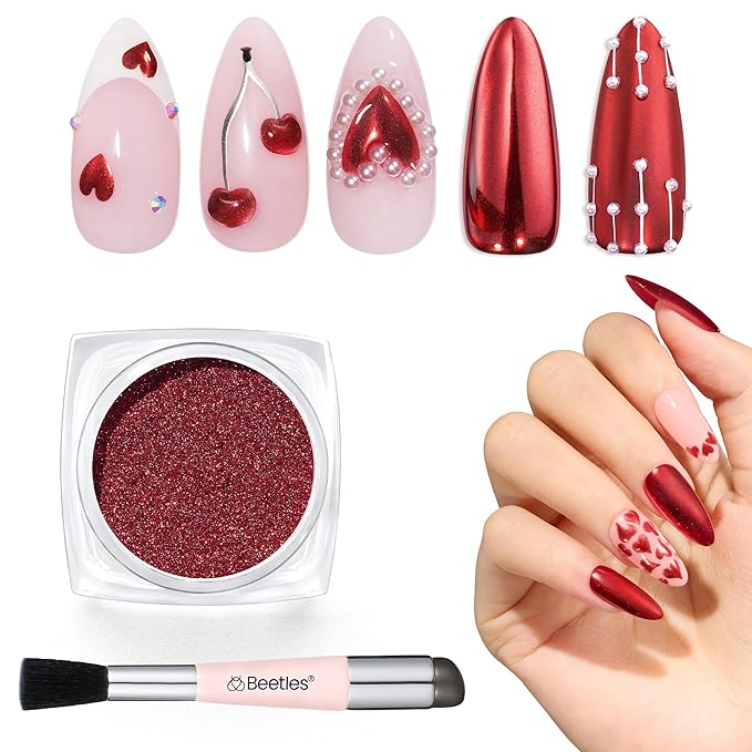 Beetles Red Chrome Nail Powder Metallic Mirror Effect Nail Chrome Powder Mermaid Glitter Red Gel Polish Nail Art DIY Decoration Gifts for Women