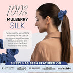 Blissy Silk Scrunchies (3 Pack) - 100% Pure Mulberry Silk - 22 Momme 6A High-Grade Fibers Scrunchie for Straight & Curly Hair - Preventing Breakage, Tangling, & Creasing (Blue Regular)