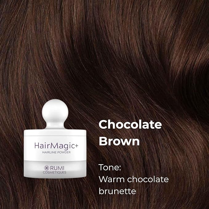 Rumi Cosmetiques HairMagic+ Root Touch Up Powder – Instant Gray Hair Coverage & Hairline Filler – Water-Resistant, Natural Finish, Nourishing Formula with Argan Oil & Vitamin E (Chocolate Brown)