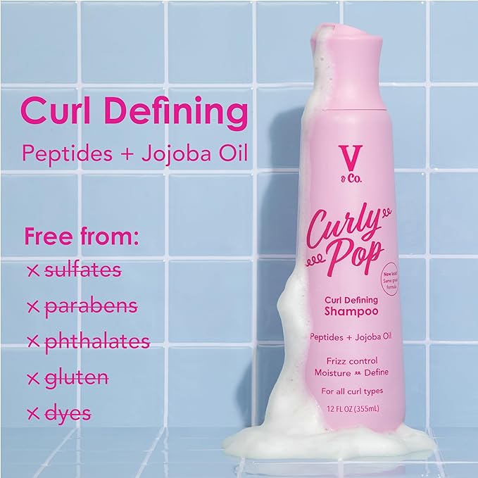 V&Co. Beauty Curly Pop Curl Defining Shampoo – Sulfate Free & Paraben Free Moisturizing Hair Care with Peptides, Amino Acids & Jojoba Oil for Hydration, Frizz Control & Healthy Curls – 12 fl oz