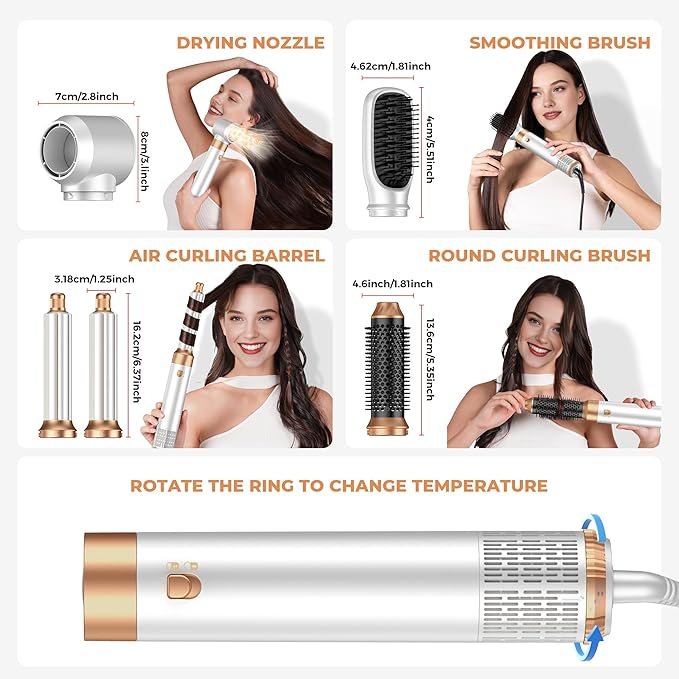 5 in 1 Hair Dryer Brush Set,Professional Negative Ionic Hot Air Styler, Air Curling Wrap Styler,Detachable Blow Dryer Brush With Auto Wrap Curlers,Hair Styling Tools For Straight/Curl/Drying/Smoothing