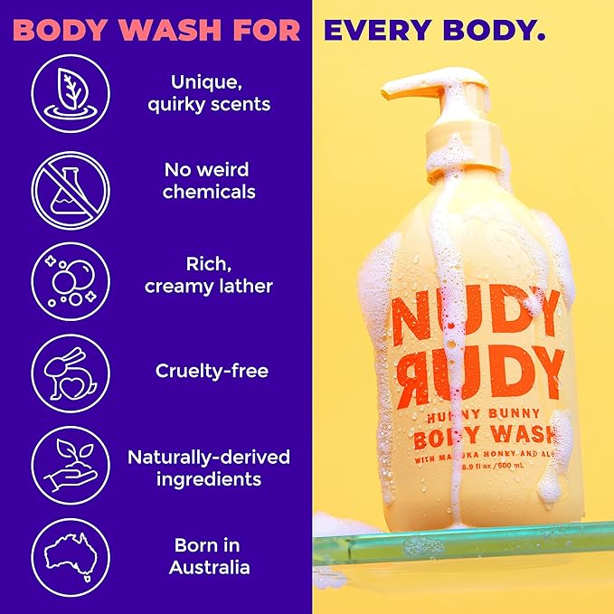 Nudy Rudy Hunny Bunny 2 Pack, Liquid Body Wash Bundle with Bonus Soap Bar, Aloe Vera and Vitamin E, Moisturizing Shower Gel and Body Wash and Bar Soap for Men and Women 16.9 fl oz and 4.2 oz