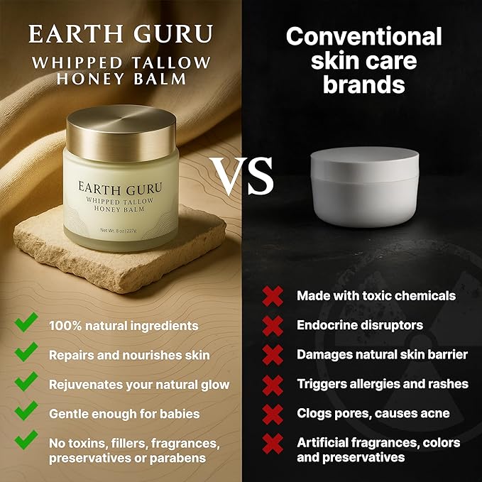 Earth Guru Whipped Beef Tallow for Skin 2oz, 100% Natural Beef Tallow and Honey Balm, Face Moisturizer & Body Lotion Cream, Grass-Fed & Finished, Sebo De Res Para La Cara, Organic Olive Oil, Manuka